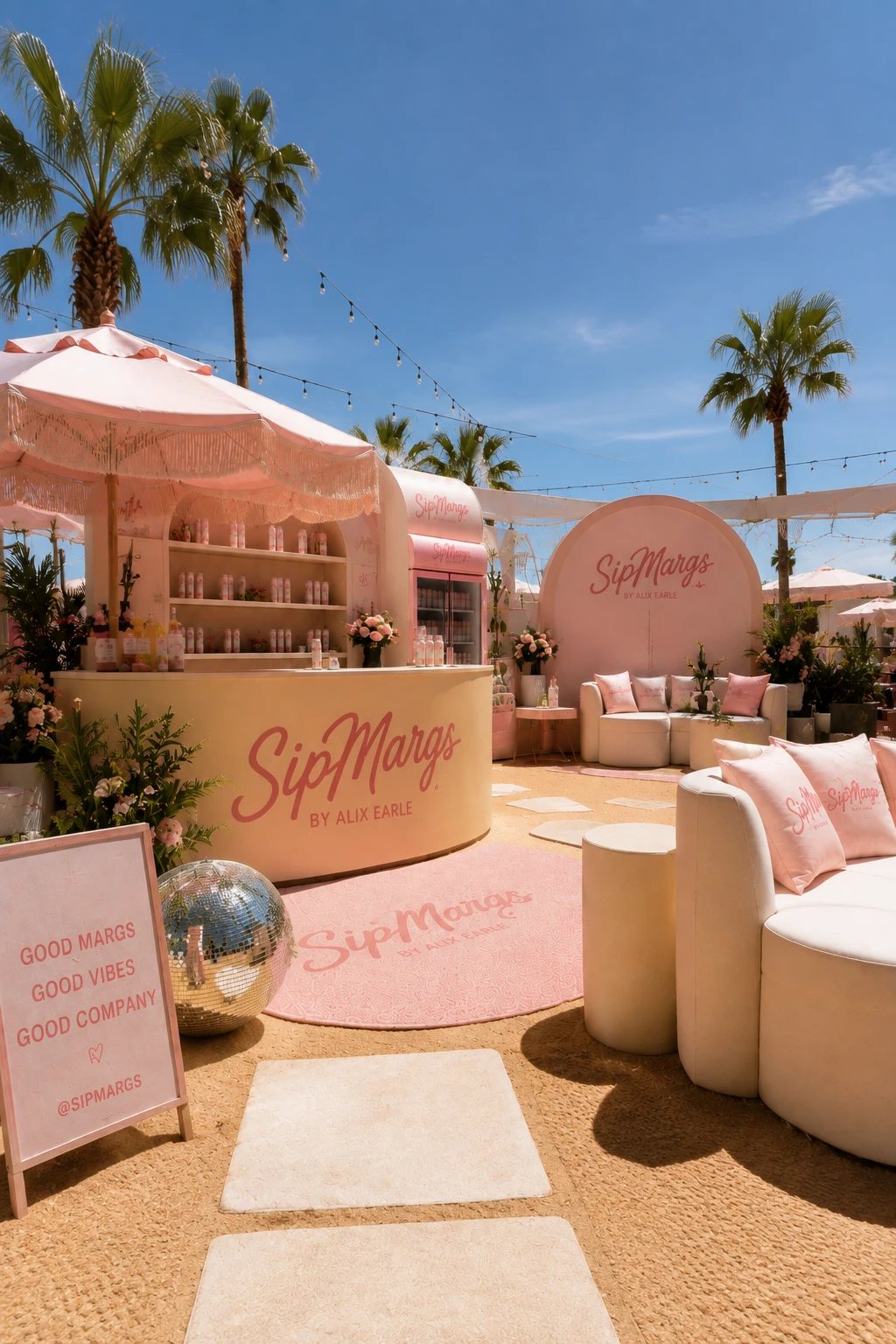 Pink pop-up bar build with fringed umbrella, disco ball, arch backdrop and lounge seating under palm trees
