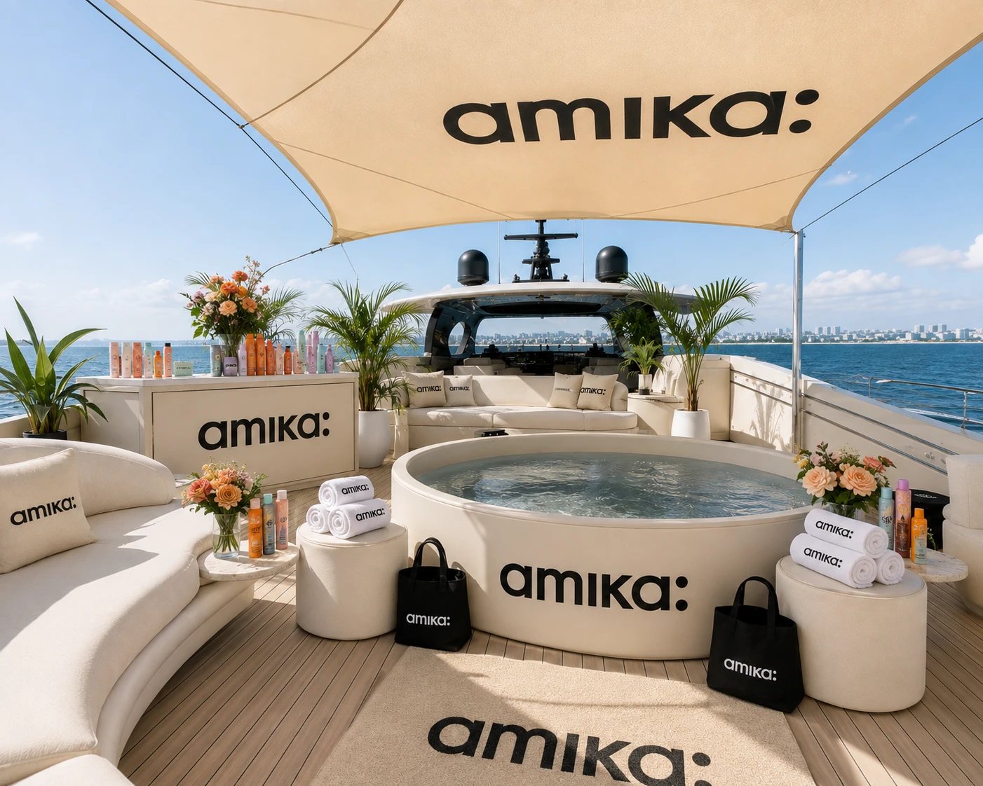 Branded yacht deck activation with a hot tub, product display, towels and tote bags