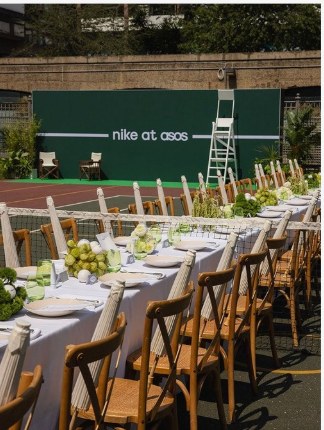 Nike at ASOS activation — dining table styled on a tennis court