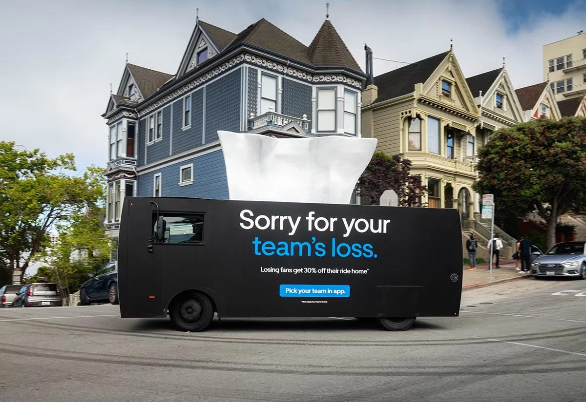 A truck built to look like a giant tissue box, offering fans of the losing team a discounted ride home