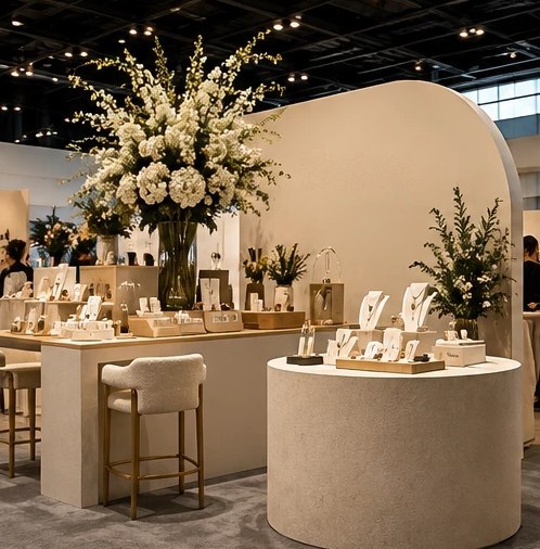 A curved trade show booth with jewellery displays, white florals and seating