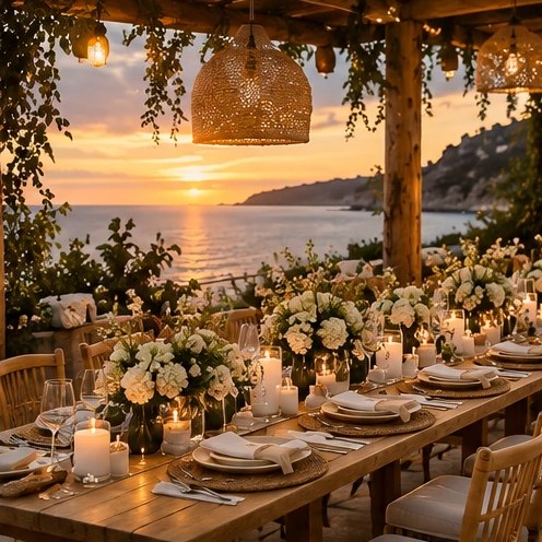A long candlelit dinner table under a pergola at sunset, dressed with white florals