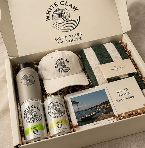 An open branded mailer box with a cap, towel, drinks and a printed insert