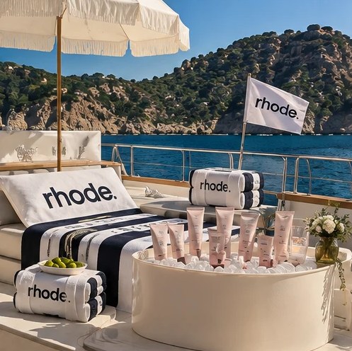A yacht deck styled with towels, a fringed umbrella and skincare on ice