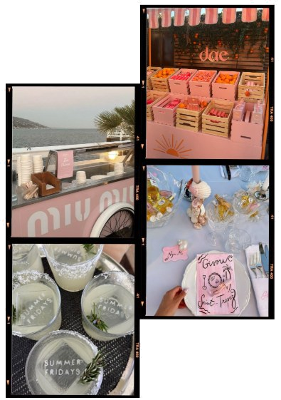 Film-strip collage of brand activations: seaside cart, dae fruit stand, styled table setting, and Summer Fridays cocktails