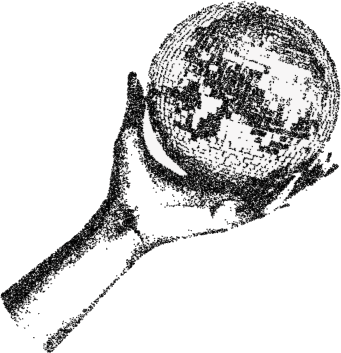 Halftone illustration of a hand holding a disco ball